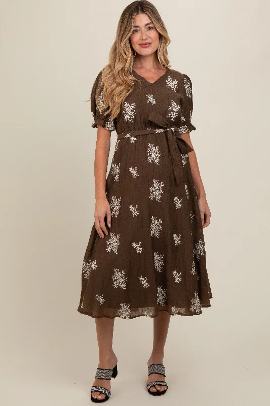 Brown Embroidered Sash Tie Maternity Midi Dress Smocked midi dresses