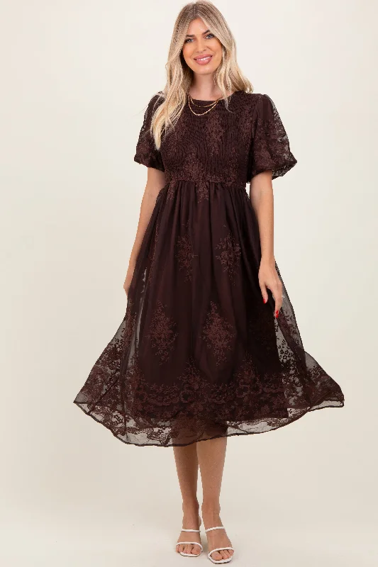 Brown Floral Embroidered Mesh Overlay Smocked Midi Dress Sexy little black midi dresses