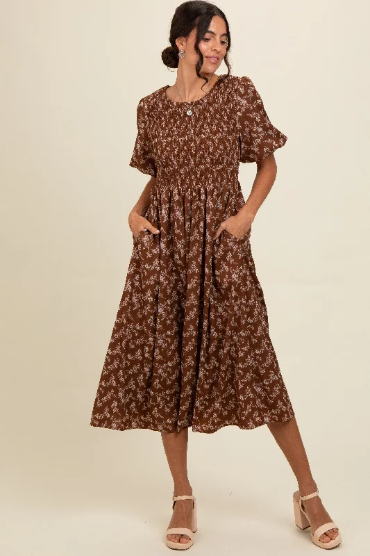 Brown Floral Smocked Midi Dress Expensive midi dresses