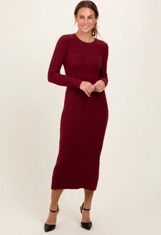 Burgundy Ribbed Knit Fitted Midi Sweater Dress Tiered midi dresses