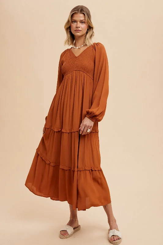 Camel Smocked Tiered Midi Dress Knitted midi dresses