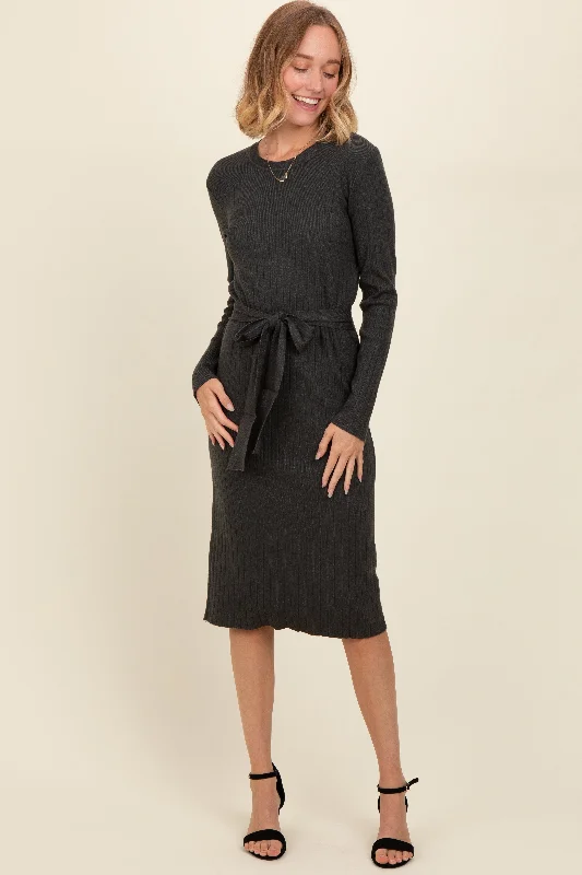 Charcoal Ribbed Sash Tie Midi Sweater Dress Prom midi dresses