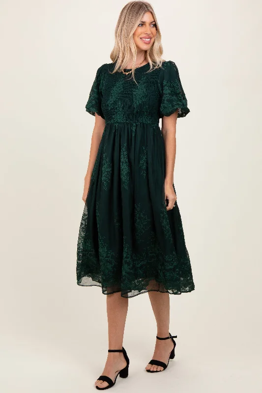 Forest Green Floral Lace Smocked Midi Dress New Year's Eve midi dresses