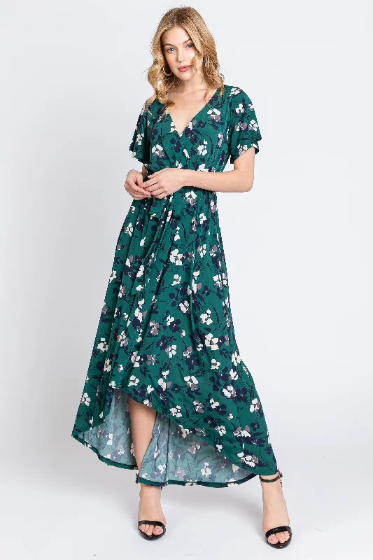 Forest Green Floral Wrap Front V-Neck Hi-Low Midi Dress Holiday midi dresses