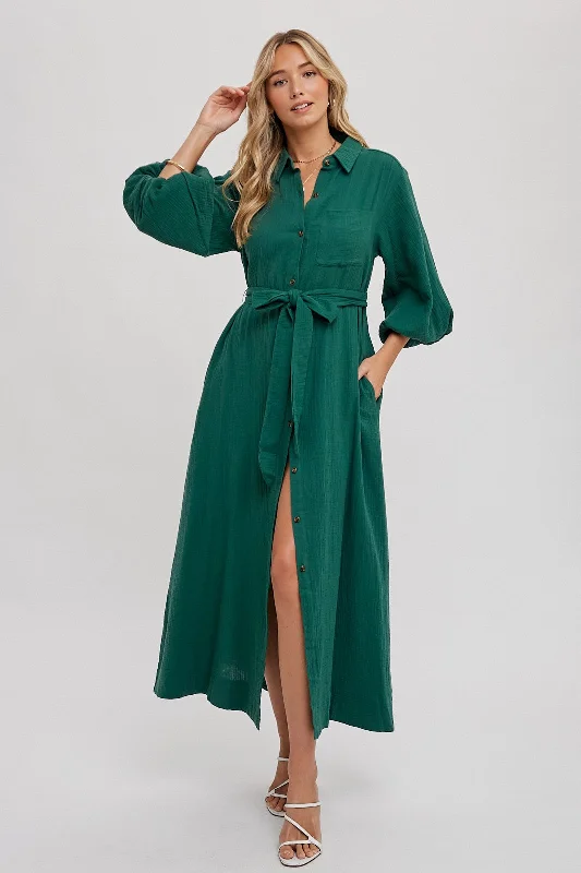 Forest Green Gauze Belted Shirt Midi Dress Preppy midi dresses