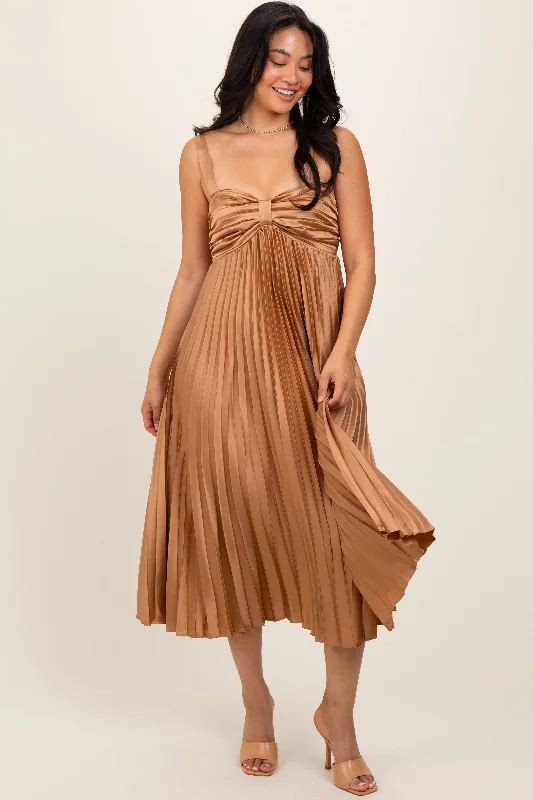 Gold Satin Pleated Sweetheart Midi Dress Wedding guest midi dresses