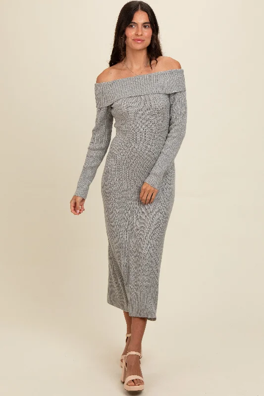 Heather Grey Off Shoulder Back Tie Sweater Midi Dress Minimalist midi dresses