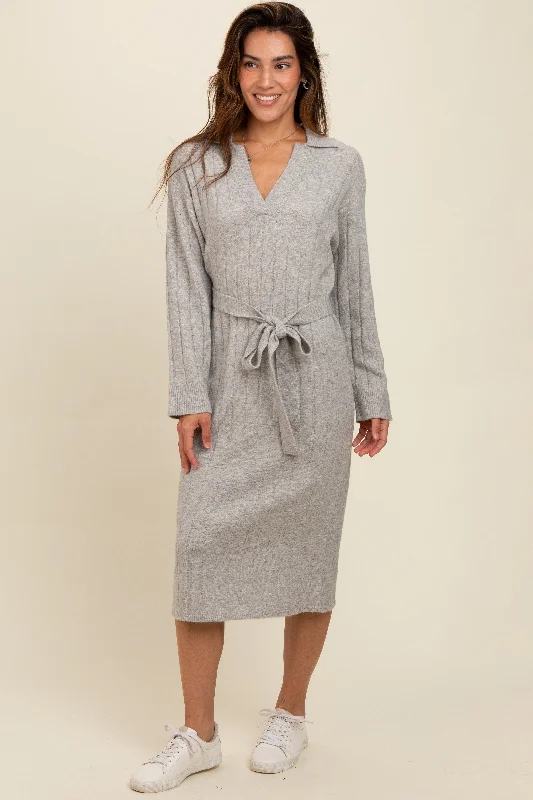 Heather Grey Ribbed Sweater Collared Midi Dress Off-shoulder midi dresses