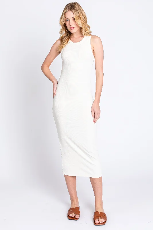 Ivory Sleeveless Ribbed Fitted Midi Dress Graduation midi dresses