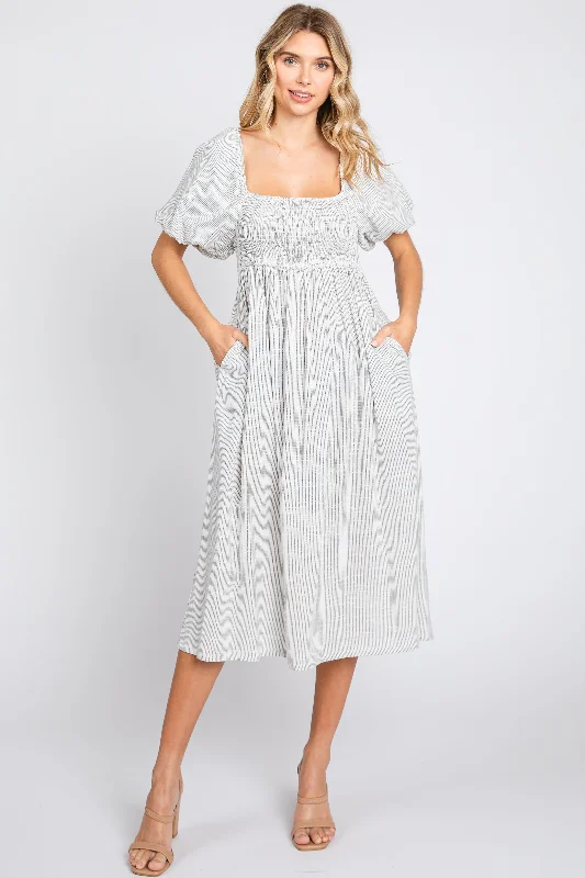 Ivory Striped Linen Smocked Short Puff Sleeve Midi Dress Chic midi dresses