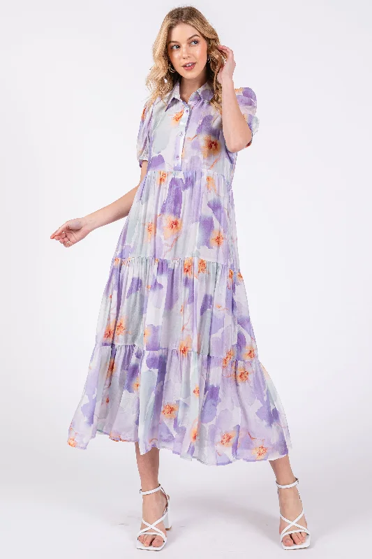 Lavender Floral Button Front Short Sleeve Tiered Midi Dress Casual midi dresses