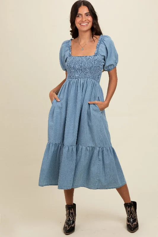 Light Blue Vintage Wash Chambray Smocked Midi Dress Shein midi dresses