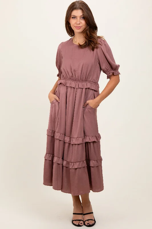 Mauve Satin Ruffle Trim Midi Dress Best midi dresses for summer vacation