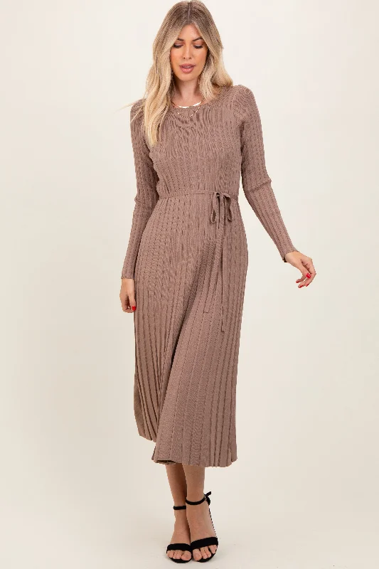 Mocha Pleated Waist Tie Midi Sweater Dress Fashion-forward midi dresses