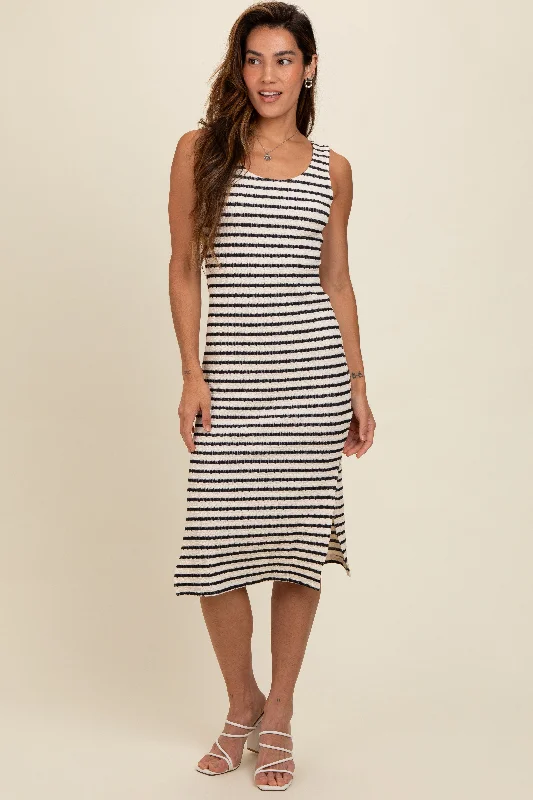 Navy Blue Striped Side Slit Midi Dress Designer midi dresses