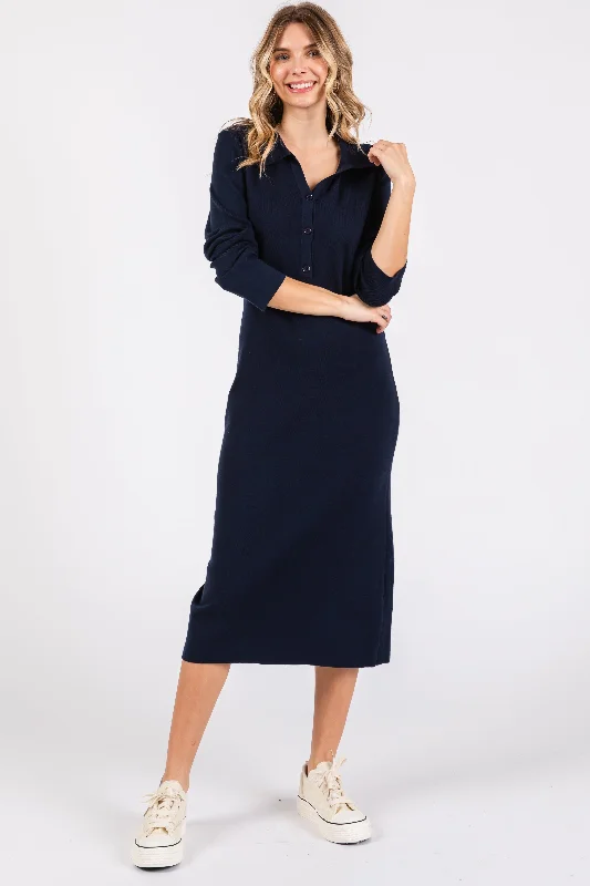 Navy Collared Long Sleeve Sweater Midi Dress Sexy midi dresses