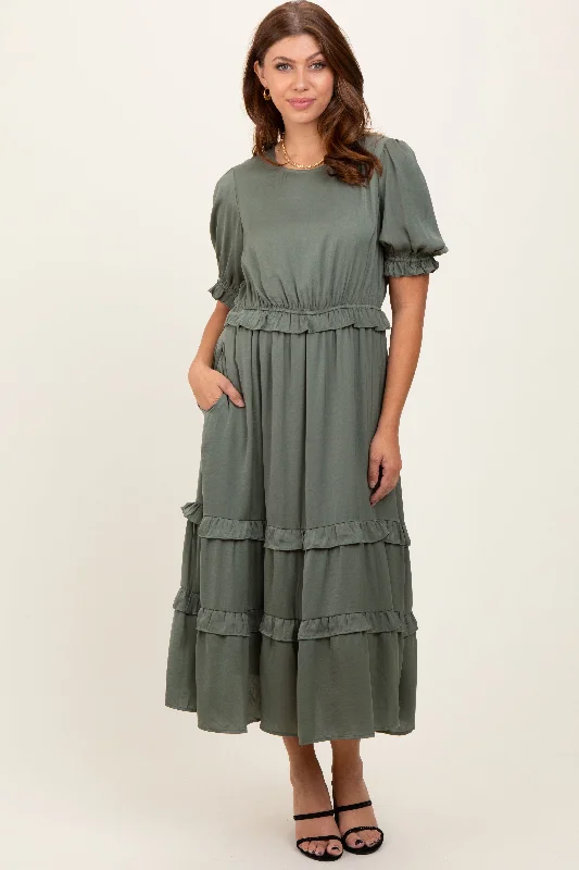 Olive Satin Ruffle Trim Midi Dress Best midi dresses for petites