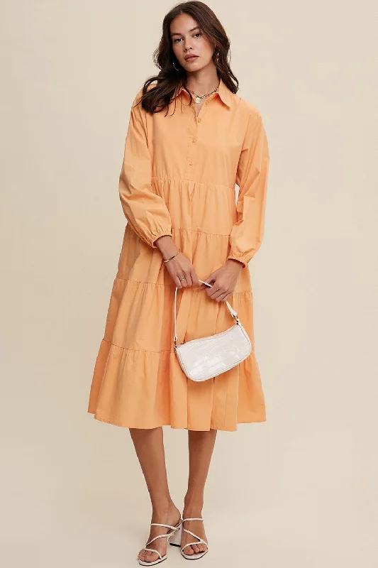 Peach Tiered Collared Midi Dress Zara midi dresses