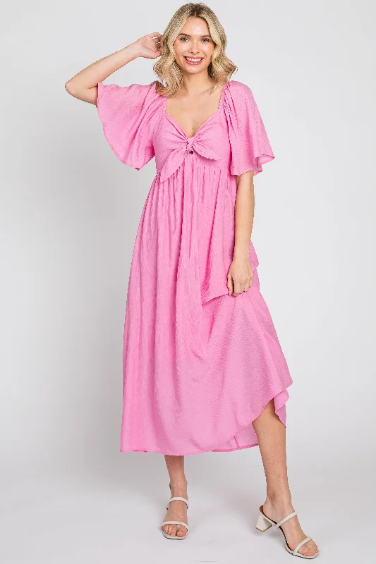 Pink Front Tie Ruffle Sleeve Midi Dress Fashion Nova midi dresses