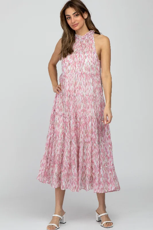 Pink Printed Sleeveless Tiered Midi Dress Urban Outfitters midi dresses