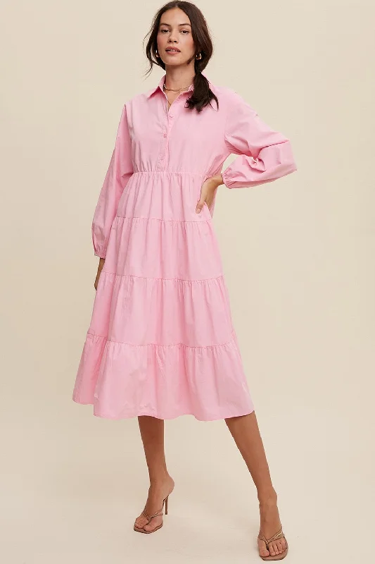 Pink Tiered Collared Midi Dress Y2K midi dresses