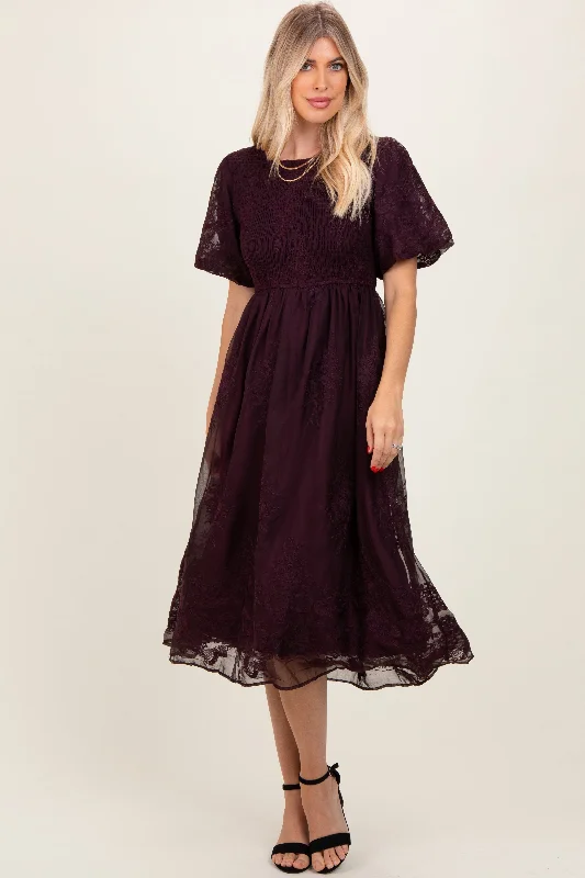 Plum Floral Lace Smocked Midi Dress Satin midi dresses