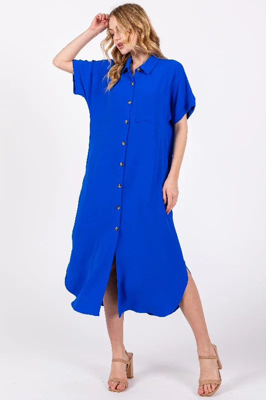 Royal Blue Button Down Front Pocket Midi Dress Spring midi dresses