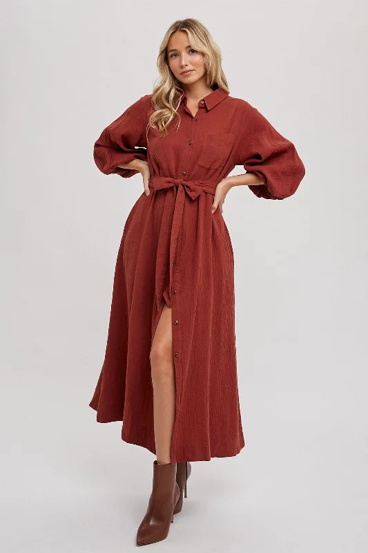 Rust Gauze Belted Shirt Midi Dress Street style midi dresses