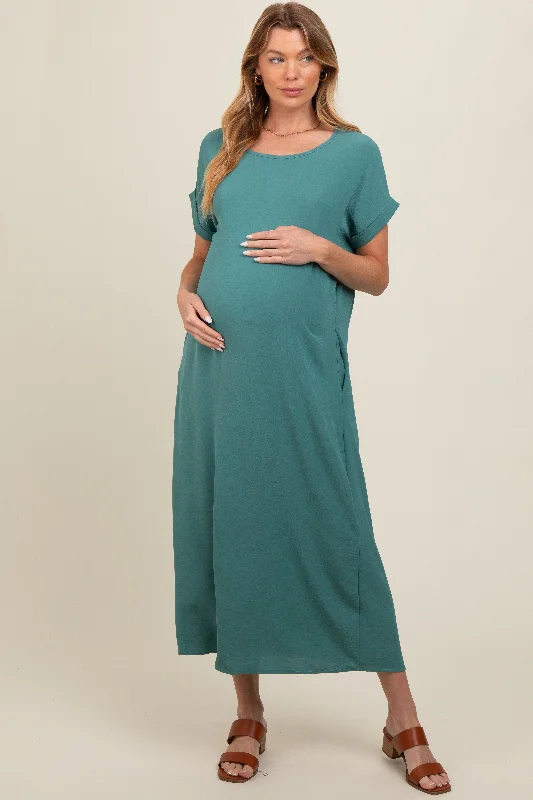 Teal Rolled Cuff Maternity Midi Dress Budget-friendly midi dresses