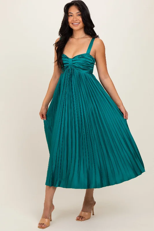 Teal Satin Pleated Sweetheart Midi Dress High-end midi dresses