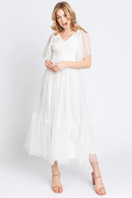 White Dotted Tulle Smocked Midi Dress Formal midi dresses