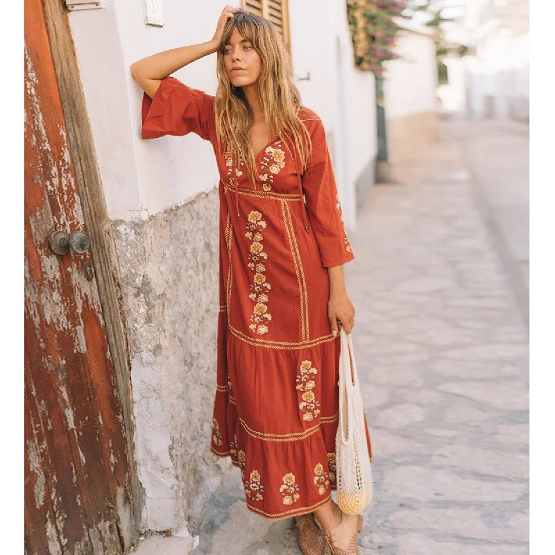 Boho Floral Embroidered V-Neck Long Sleeve Bohemia Dresses Lace floral dresses