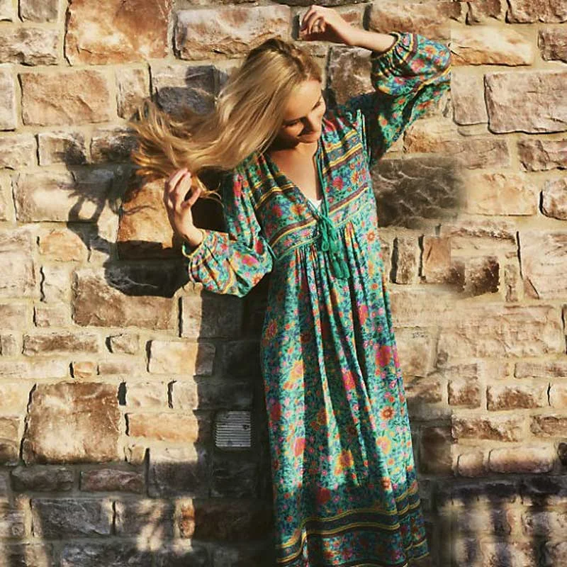 Floral Print Long Sleeve Tassel V-neck Chic Bohemia Dresses Spring floral dresses