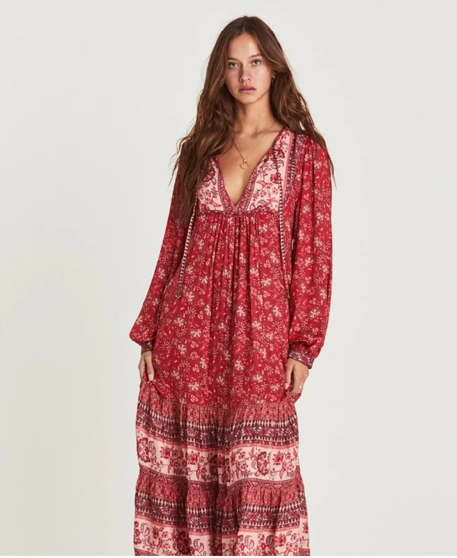 Long Sleeve Dress V-neck Loose Printing Bohemia Dresses Party floral dresses