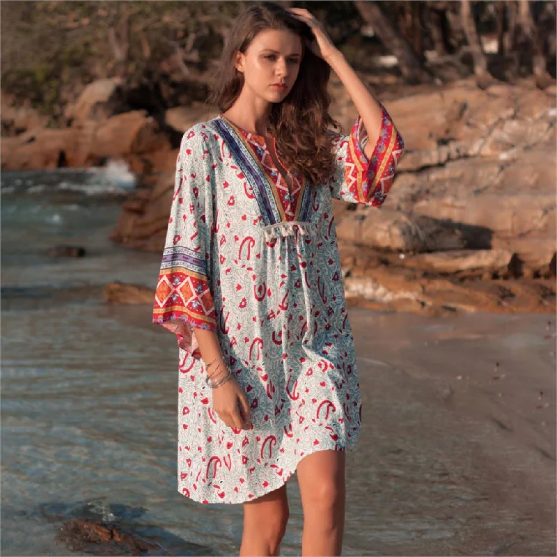 Long Sleeve V-neck Print Beach Loose Bohemia Dresses Organza floral dresses