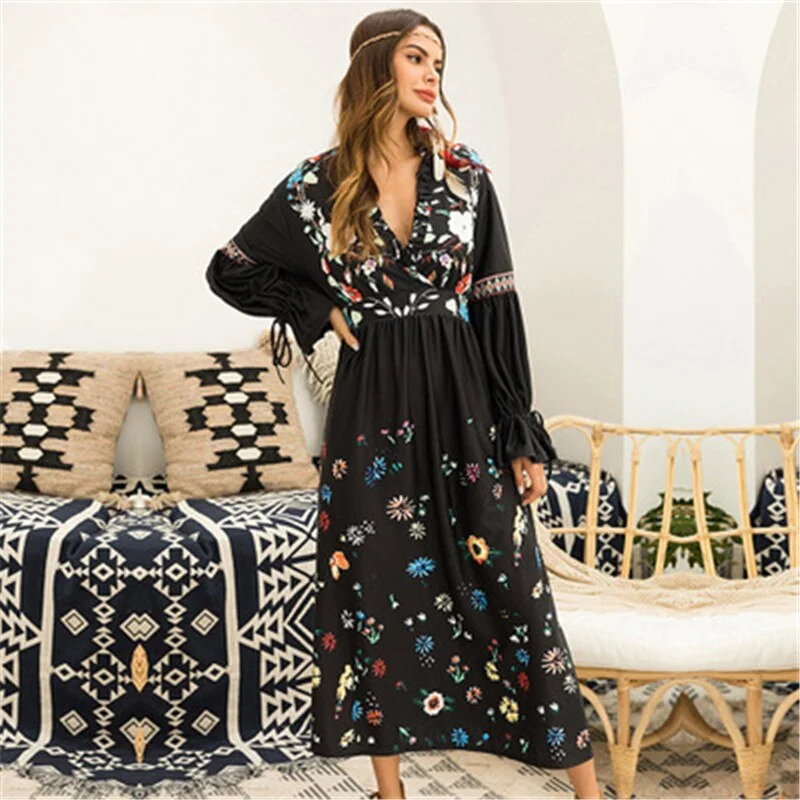 V Neck Flare Sleeve Sexy Black Printed Bohemia Dress Tulle floral dresses