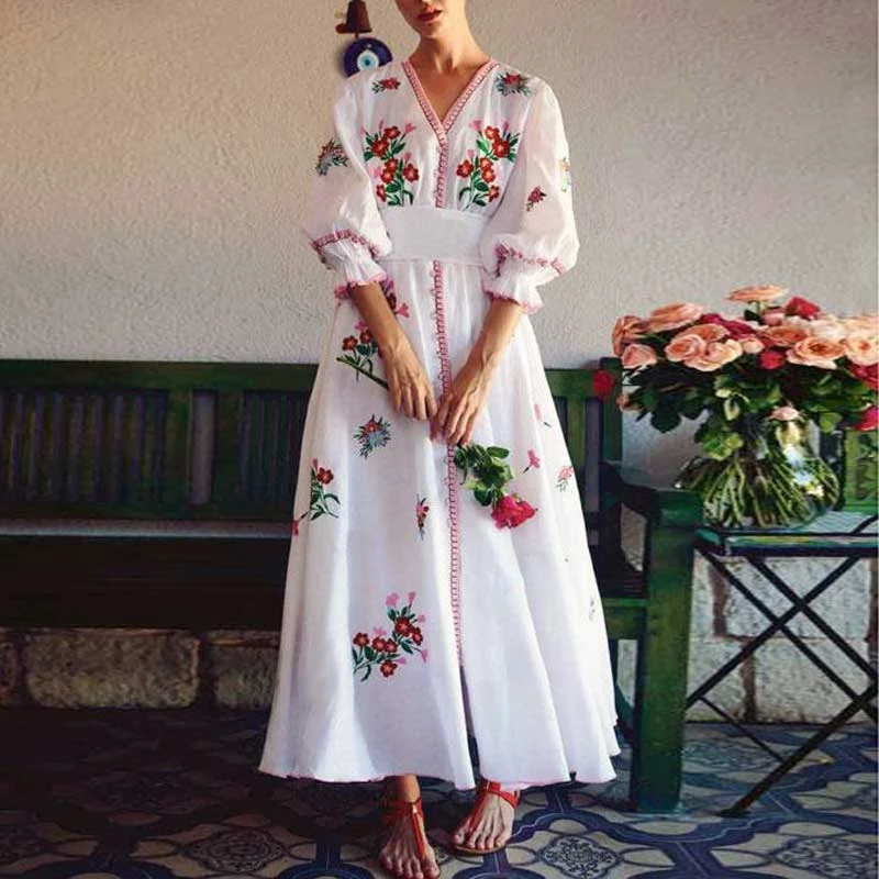 White floral Embroidered V-neck 3/4 sleeve Buttons Bohemia Dresses Elegant floral dresses