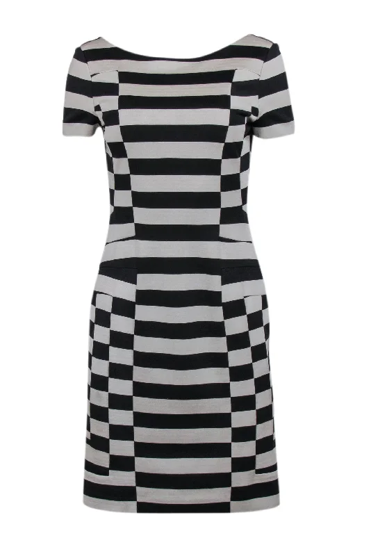 Diane von Furstenberg - Black & Beige Striped V-Back Sheath Dress Sz 6 Wrap unclassified dresses