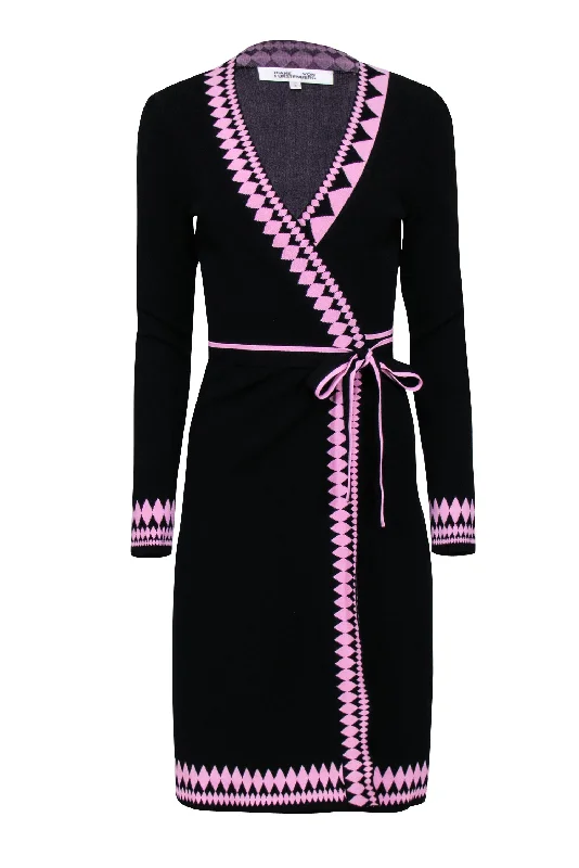 Diane von Furstenberg - Black Knit Wrap Dress w/ Pink Instarsia Trim Sz S Boho unclassified dresses