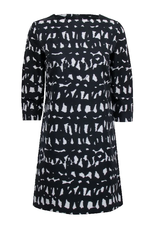 Milly - Black w/ Ivory Abstract Print Shift Dress w/ Leather Accent Sz 4 Discounted unclassified dresses