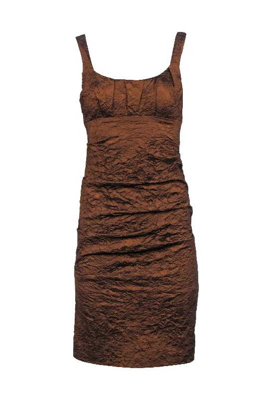 Nicole Miller - Brown Crinkle Sleeveless Side Ruched Dress Sz 4 Luxury unclassified dresses