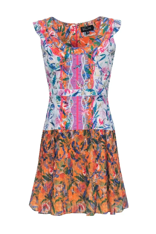 Saloni - Orange w/ Multicolor Bird Print Pleated Dress Sz 6 Trendy unclassified dresses