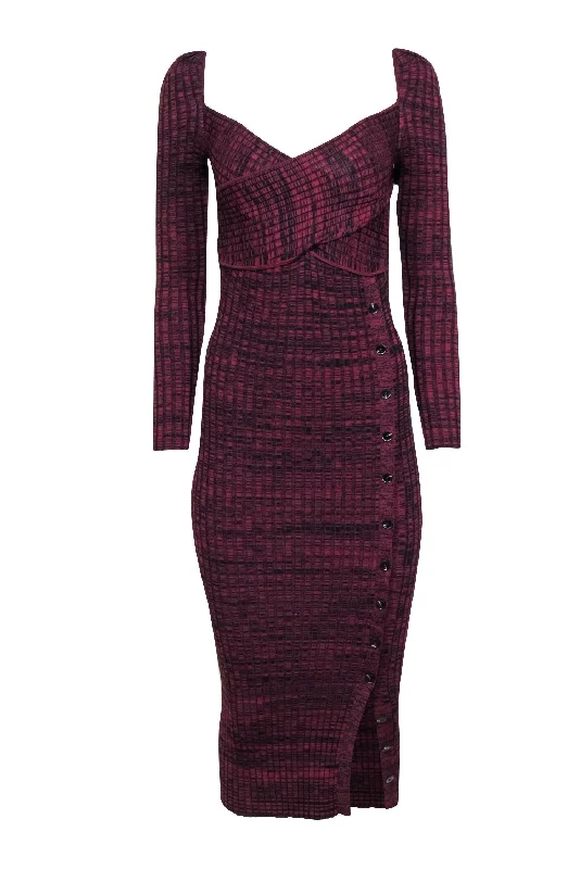 Self-Portrait - Maroon & Black Rib Knit Dress w/ Buttoned Slit Sz XS Long unclassified dresses