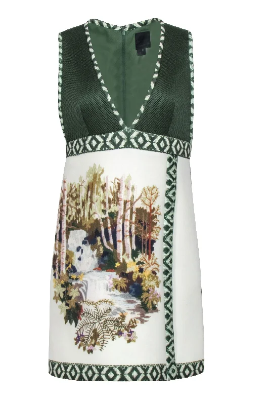 Anna Sui - White & Green Print Sleeveless Dress Sz 8 Unique unclassified dresses