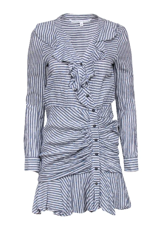 Veronica Beard - White & Blue Striped Ruffled Dress w/ Swiss Dot Detailing Sz 6 Stylish unclassified dresses