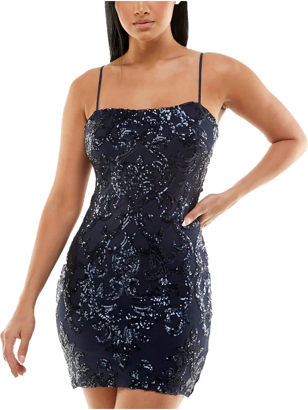 Juniors Womens Sequined Mini Bodycon Dress Cozy Denim Mini Skirt