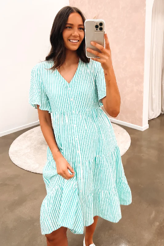 Chez Midi Dress Green White Stripe Cozy Midi Skirt