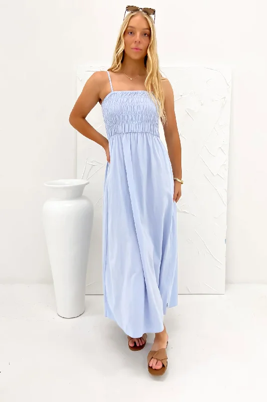 Classic Shirred Midi Dress Blue Boho Midi Skirt