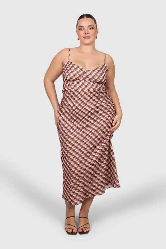 MARGOT SLIP MIDI DRESS BROWN CHECK Printed Midi Skirt