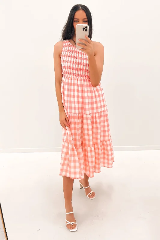 Penelope Midi Dress Pink Check Button Midi Skirt